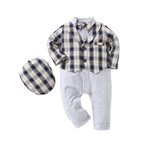HOSUKKO Baby Boy Gentleman Suit Outfit, Rompers + Beret + Bow Tie(0-24 Months)