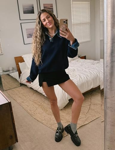 Womens Fall Oversized Long Sleeve Sweaters 2 in 1 Denim Panel Lapel Sweater Polo Knit Sweater Tops4