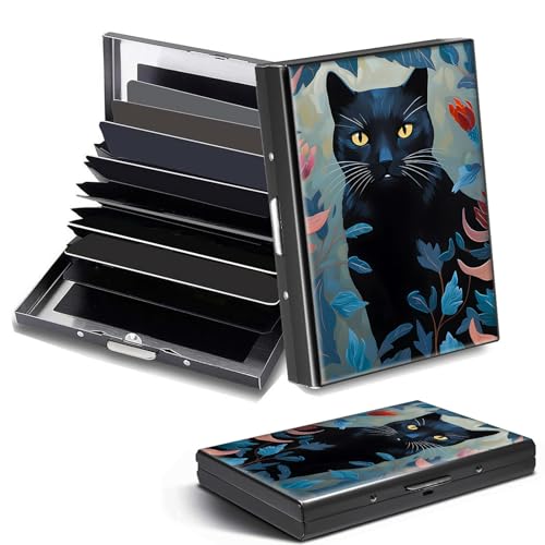 DHYYDSQZ Credit Card Holder, Black Cat Art Design Mini RFID Blocking Aluminum Wallet Slim Metal Hard Case Shell Travel Wallet ID Case Small Credit Cards Case Business Cards for Women Men Girls