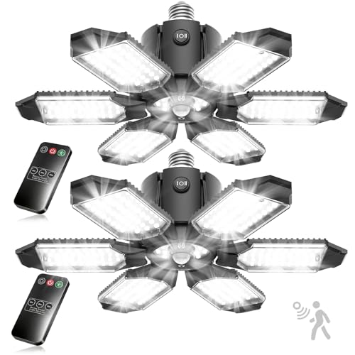TANBABY 260W Motion Sensor Garage Lights 30000LM Shop Lights with Remote Control 3 Modes (ON/Off/AUTO) 30/60/120s Timer E26 Screw-in Deformable 6-Panel 6500K Ceiling Light for Garage Shop (2 Pack)