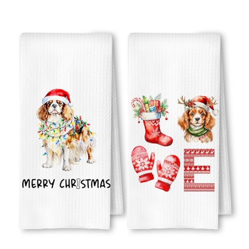 ArtisaEura Christmas Cavalier King Charles Spaniel Kitchen Dish Towels 2 Pack - Cavalier King Dog Lover Gift, Waffle Weave Christmas Hand & Tea Towels for Kitchen Bathroom, 16x24 Inches
