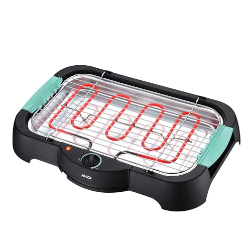 Jocca - Barbacoa Eléctrica Sobremesa | Grill sin Humo para Interiores | Plancha de Asar 2000W | Bandeja Extraíble | Asas Anti-Quemaduras | Fácil Limpieza