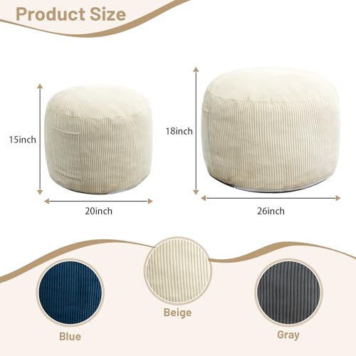 Manyday Round Stuffed Pouf Ottoman,Corduroy Foot Rest with Rebound Foam Filled, Furry and Fluffy Foot Stool Ottoman, Floor Poufs for Living Room (Beige, 20