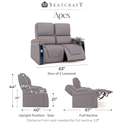 Image of Seatcraft Apex Gray Italian Leather Home Theater Seating, Zero Gravity Power Recliner Chair, Powered Headrest and Lumbar Gaming and Lounge Sofa Furniture for Cinema Room, Row of 2 Loveseats