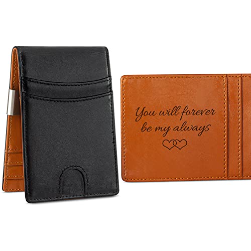 kullder Personalized Mens Wallet for Husband Gift Engraved Mens Leather Wallet Slim with Money Clip Boyfriend Gifts Birthday Anniversary Christmas Mans Gifts RFID Bifold Card Holder Gift for Him