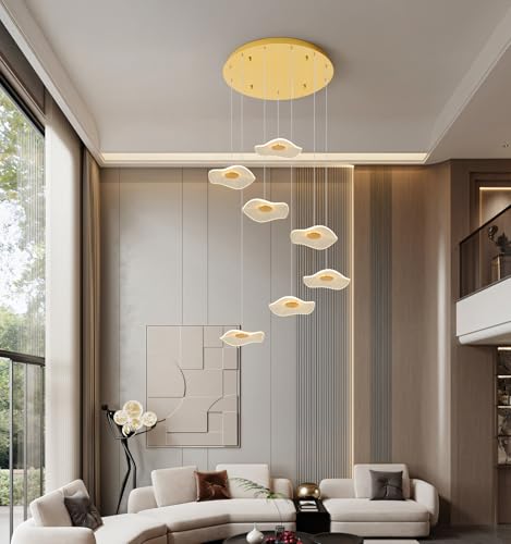 Image of ziidoo High Ceiling Chandelier - 7-Light Dimmable Modern Gold Long Spiral Luxury Linear Lotus Leaf Led Lamp Hanging Pendant Lights for Foyer Enterway Staircase Villas