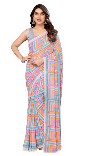 Image of ROOP SUNDARI SAREES Readymade Pleated Pre Drape Stitched Floral Printed Georgette Saree For Women's With Lace Border & Blouse(Ready To Wear One Minute)