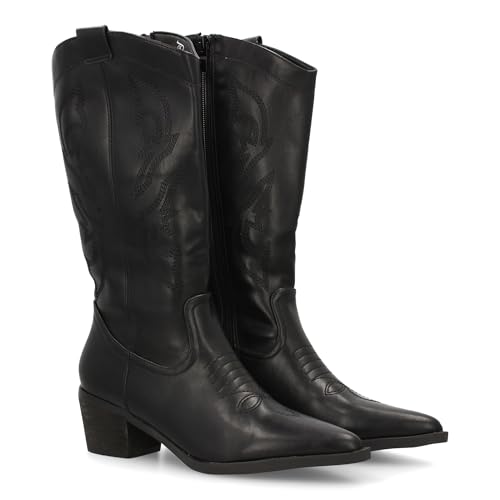 shoes&blues.es 95419 Bota Cowboy de Cana Alta con Bordados Laterales. Punta Fina y Tacon Ancho...