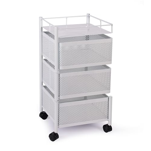 Image of KITCHIVO Kitchen Storage Rack | Revolving Vegetable Rack | Square Multipurpose Storage Trolley with Wheels | Metal Fruit Rack (White, 3 Layer)