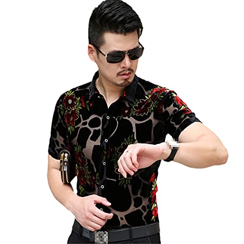 Chemise d'été transparente homme motif floral rouge grande taille 3XL