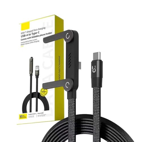 240W Braided USB-C to USB-C Fast Charge Cable with Built-in Foldable Phone Stand T-Shaped Durable Charging Cord 1.5M Length Compatible with Smartphones Tablets and Laptops (Black 1 Pack)
