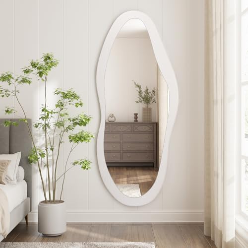 Image of AAZZKANG Irregular Full Length Mirror Wooden Asymmetrical Wall Mirrors Modern Large for Bedroom Dressing Room Living Room Entryway White 47 inchx20 inch