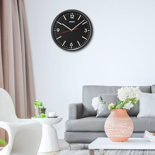 Image of Seiko Classic Round Black Plastic Analog Home Decor English Numbers Wall Clock with Sweep Movement (Size: 30.5 x 4.5 x 30.5 CM | Weight: 670 gram | Color: Black)