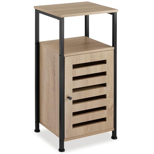 tectake® Mesa Auxiliar Salon Estilo Industrial 2 Estantes y Puerta, Mesita de Noche, Decoracion Hogar, Mesitas de Noche, Mesita Auxiliar - 31,5 x 38,5 x 81 cm Madera Industrial Clara, Roble Sonoma