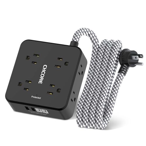 Surge Protector Power Strip - CHCORE 6Ft Braided Extension Cord with 8 Outlets with 4 USB (2 USB C) Charging Ports, Flat Plug Multi Plug Outlet Extender Charging Station for Home Office, ETL, Black