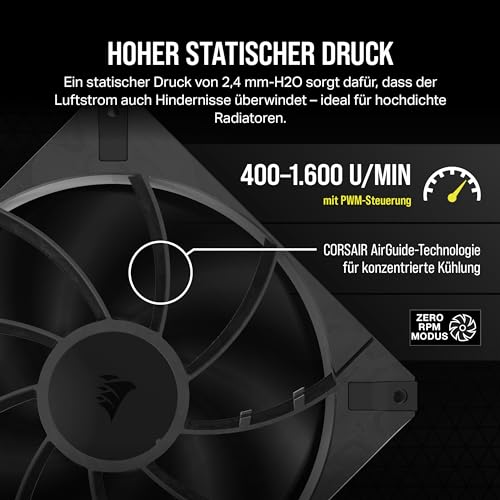 CORSAIR RS140 MAX 140mm-PWM-Dicke-Lüfter – Hoher Statischer Druck – Flüssigkristallpolymer-Konstruktion – Doppelpack – Schwarz – Ansicht 5