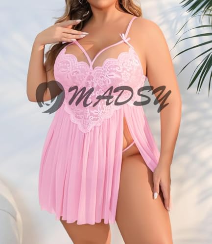 Image of Beautiful Creations Womens Plus Size Lace Floral Knee Length Babydoll Nightwear Set with G-String Panty