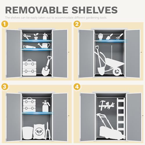 Image of DWVO 60 Cuft Outdoor Tall Storage Shed with 2 Shelves, 5X3FT Vertical Tool Shed with Floor & Lockable Doors, Sturdy Double-Wall Plastic Cabinet for Garbage Cans and Garden Equipment (Gray)