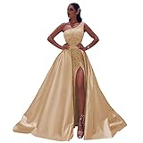 vintys Champagne Sequins Prom Dresses with Removable Train One Shoulder Slim Maxi Formal Pageant Dress for Women Evening Cocktail Dress for Teens 16