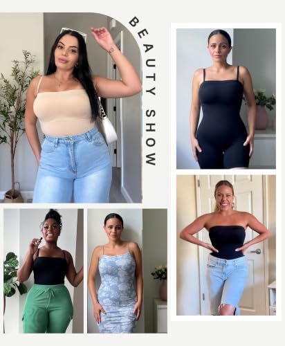 Image of SHAPELLX Women's Shapewear Bodysuits Tummy Control Butt Lifter Body Shaper Strapless Seamless Mid Thigh Jumpsuit Tops
