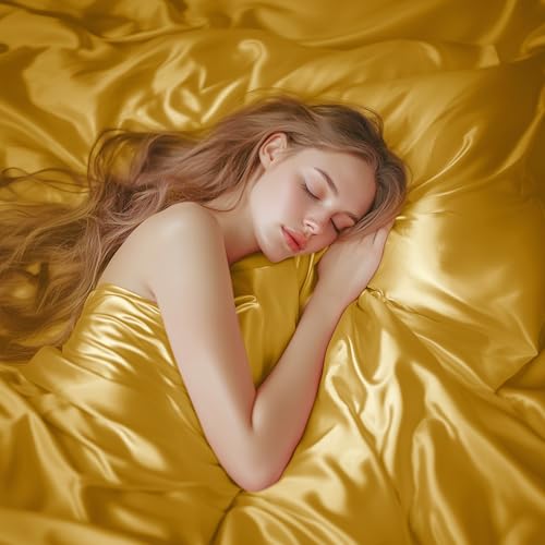 Love's cabin Full Size Satin Sheet Sets - 4 Piece Gold Silky Sheet Set with Deep Pocket, Luxury Silk Feel Satin Sheets Full Bedding Set (1 Flat Sheet,1 Fitted Sheet,2 Pillow Cases)