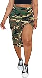 Womens Camo Midi Skirt High Waist Slit Front Ruched Bodycon Long Skirts with Pockets