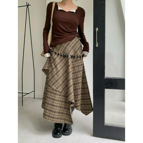 Khaki Plaid Skirt A Line Layered Patchwork Asymmetrical Vintage Fall Midi Trendy Elegant Streetwear Skirt3