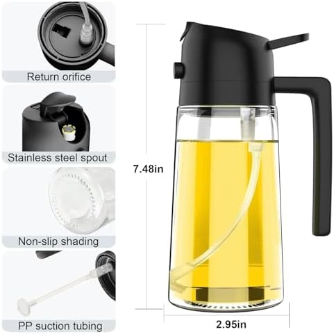 Oil Sprayer for Cooking, 470ml 2 In 1 Glass Oil Dispenser/Pour Bottle, Kitchen Accessories, Kitchen Gadgets for Air Fryer, Salad, BBQ (Black) image 8