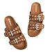 FUNKYMONKEY Women's Eyelets Adjustable Double Strap Slides Slip On Comfort Flat Sandals for Summer(9 M US, Brown)