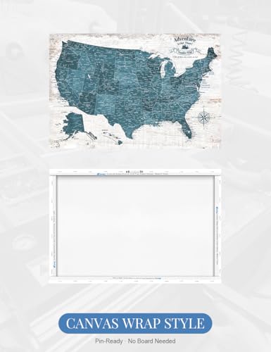 Image of IPIC - Vintage Teal USA Map Wall Art, Push Pin USA Map to Track Your Travels, Farmhouse Style Canvas Wall Decor for Home, Office, Living Room or RV, Ready to Hang, Made in USA