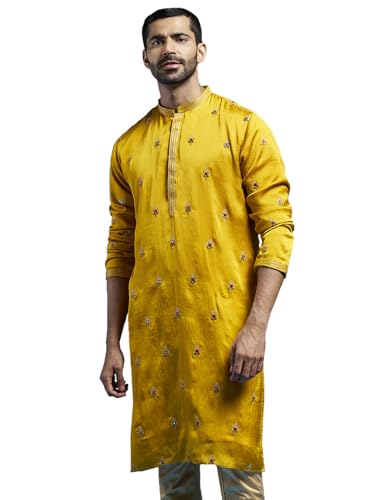 Image of VASTRAMAY VM Mens Silk Blend Kurta - Timeless Elegance for Festivals & Events | Banarasi Cotton with Silk Dobby Jacquard Mandarin Collar Full Sleeves Kurta with a Contrast Piping