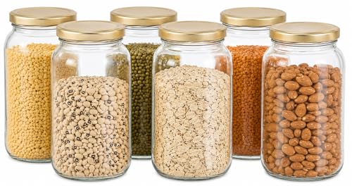 Image of PRAMUKH FASHION Square Shape Glass Jar for Kitchen Masala Storage Ml Set with Airtight Lid Containers Spices Dry Fruits and Pickle Container Pack of (6, Gold 1000Ml Round Jar)