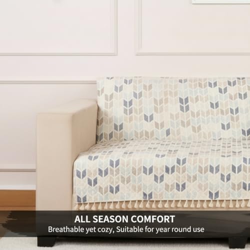 Image of STITCHNEST Quilted Velvet Sofa Cover with Tassels - 24x60 Inch, Beige & Blue Chevron Pattern, Soft & Premium, Washable Sofa Protector for 1-Seater