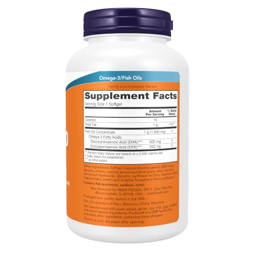 NOW Foods Supplements, DHA-500 with 250 EPA, Molecularly Distilled, Supports Brain Health*, 180 Softgels