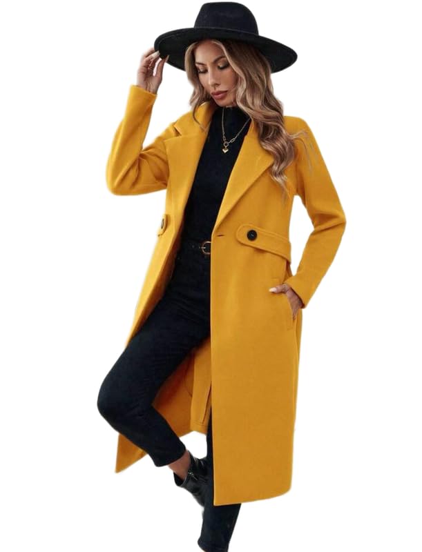 Patakadevi Women’s Mustard Yellow Double-Breasted Long Winter Coat | Warm Tailored Overcoat with Black Buttons, Structured Fit & Side Pockets | Elegant Outdoor Style for Cold Weather | Sizes S to 5XL