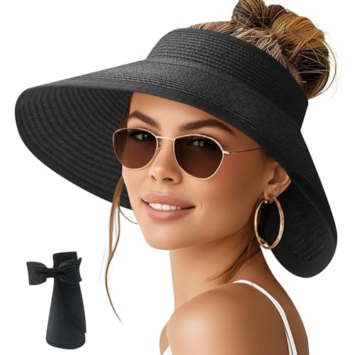 Image of NPQQUAN Sun Visor Hats for Women Wide Brim Ponytail Straw Beach Hat Packable Foldable UPF 50+ Floppy Travel Hats