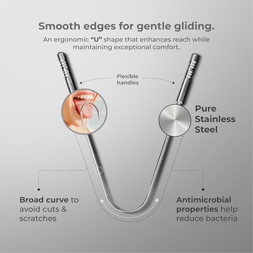 Image of IMECO Stainless Steel Tongue Cleaner for Adults (2 Pack) | Unisex | U-Shaped Tongue Scraper with Travel Pouch | Antimicrobial Properties | Comfortable Handle | Reduces Bacteria & Bad Breath | Easy & Safe to Use