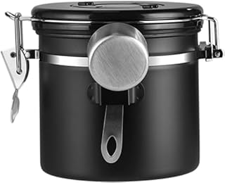 HeyDear コーヒーキャニスター 1200ml ステンレス製 大容量 密封・防湿 日付表示 排気バルブ スプーン付き コーヒー愛好家向け コーヒー豆鮮度保持 保存容器 茶葉・砂糖・香辛料 ブラック (ブラック)