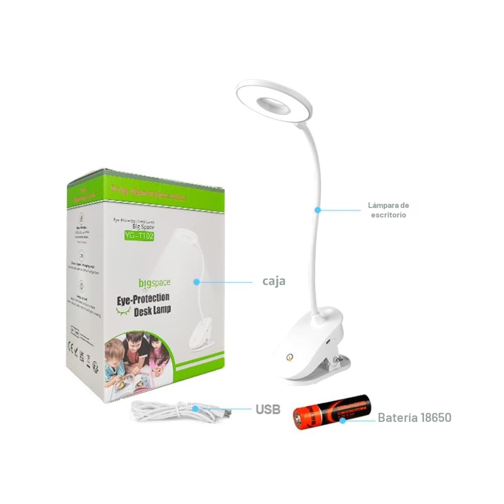 Lámpara con clip, de lectura alimentada por batería, luz de clip para cama con 3 niveles de brillo, recargable por USB