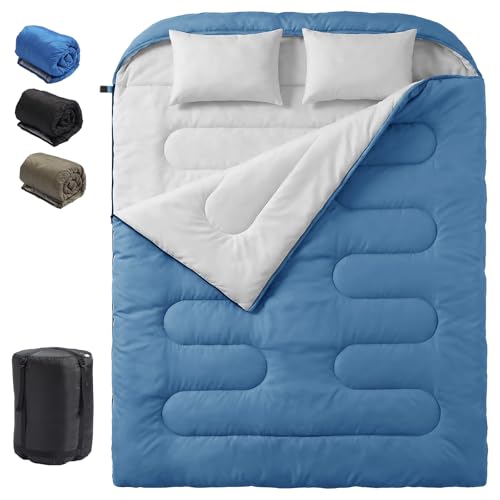 NEWBULIG Double Sleeping Bag for Adults with 2 Pillows, XL Waterproof Lightweight Machine Washable Sleep Bag Cold Weather, 3-Season for Camping/Hiking/Backpacking, 2-in-1 Converts to 2 Singles