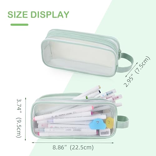 Image of Oyachic 2 Compartment Pencil Case Clear Mesh Pen Pouch Grid Makeup Cosmetics Bag Transparent Marker Organizer Office Business Travel Adults,green