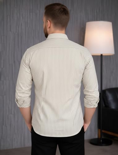 Image of MILDIN Men's Pure Cotton Striped Printed Shirt with Spread Collared Neck Full Sleeve Curved Hemline Button Closure and Regular Fit | Shirt for Man