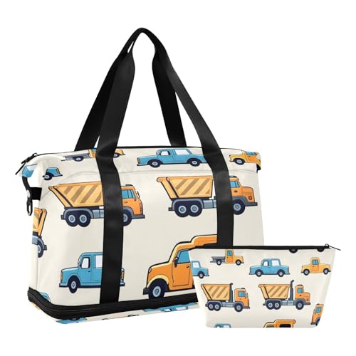 ALAZA Sports Duffel Bags with Toiletry Bag Set,Blue Yellow Car Truck Pattern Travel Duffel Bags Multi Pockets Weekend Bag2