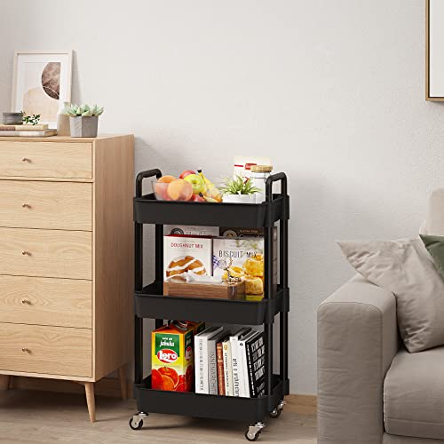 Buzowruil 3-Tier Utility Rolling Plastic Storage Cart Trolley With Lockable Wheels,Multifunctional Storage Shelves For Kitchen Living Room Office,Black #TOP1