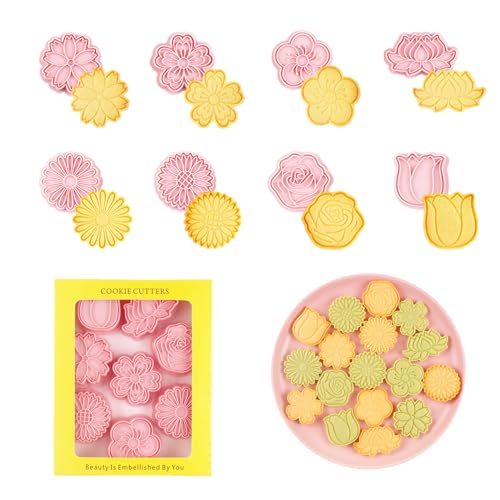 8PCS Flowers Cookie Cutter Sets Daisy Rose Cookie Cutters with Plunger Stamps Sun Flower 3D Plastic Pressable Biscuit Molds Cake Cooie Baking DIY Supplies (A8)