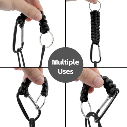 OFFCUP Paracord breloczek do kluczy, smycz na klucze z karabińczykiem, karabińczyk, pierścień D, wielofunkcyjny, wisiorek Paracord, pleciona smycz na kemping, wędrówki, podróże z plecakiem, czarny +