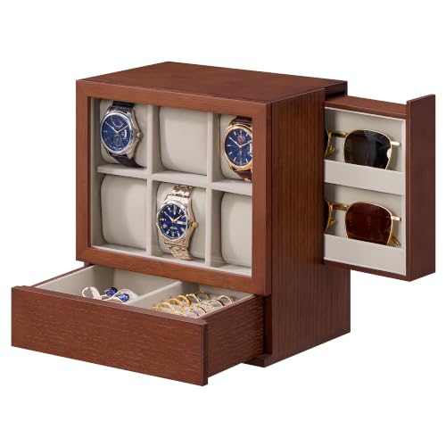 SONGMICS Watch Box, 6-Slot Vertical Display Case, Wood Veneer