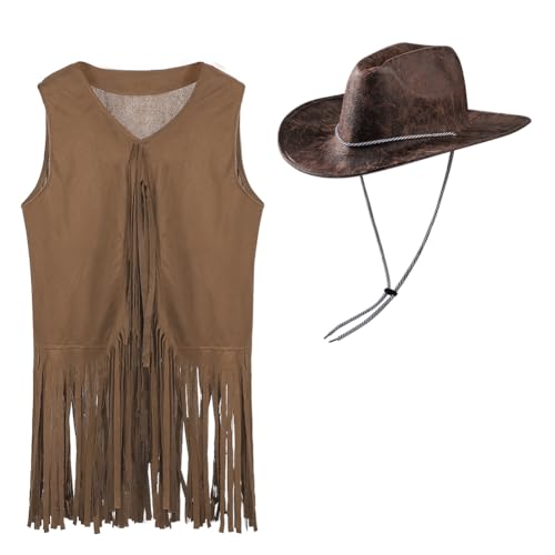 Gilet à franges fluide veste ouverte style bohème avec chapeau de cowboy
