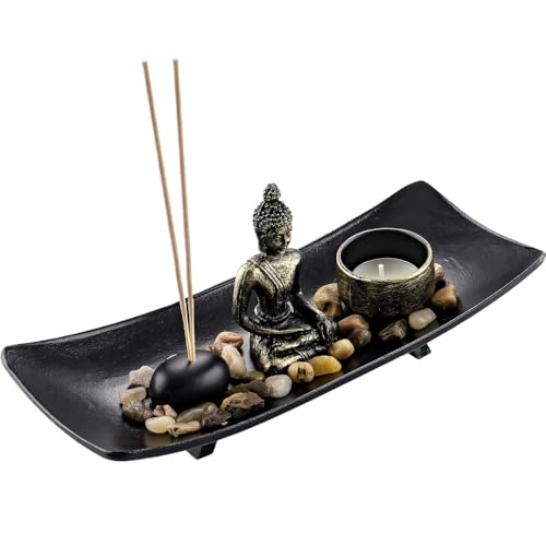 Image of Zen Buddha Incense Candle Burner Tray Resin Meditation Ornament with Stone