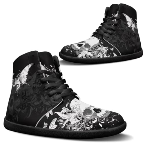 Binienty Punk Skull Barefoot Shoes Men Zero Drop Sole Butterfly Floral Leather Lace up Tennis Shoes Wide Width Fashion Sneaker for Men Women Ideal for Hiking Walking Hunting, US 6